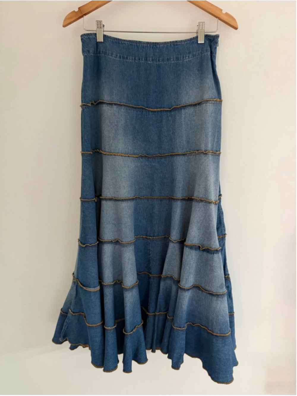 Boho Prairie Denim Tiered Maxi Skirt Ruffle Hem Cottagecore Festival Size 10